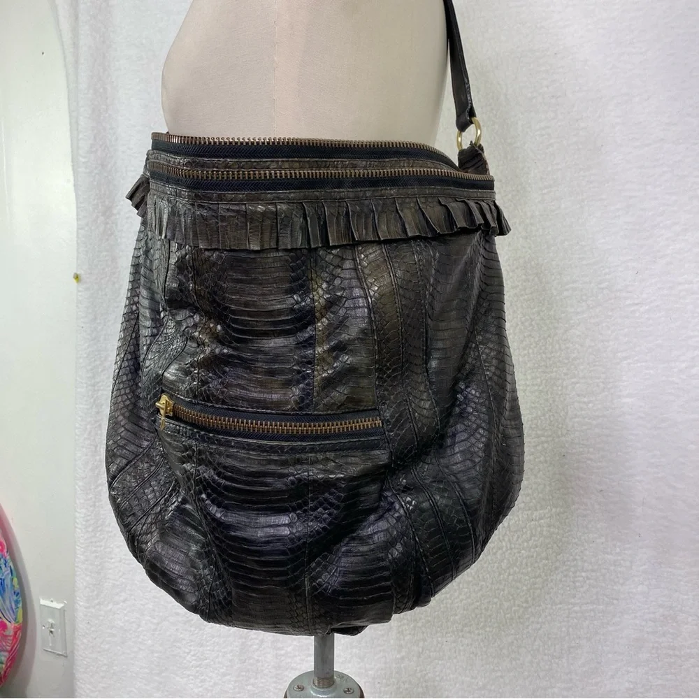 Angel Jackson XL python snakeskin fringe leather shoulder bag tote